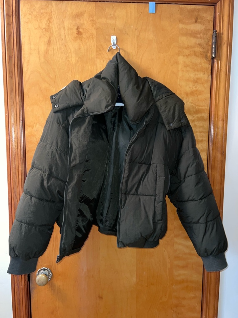 Lucky Brand Womens Sz L Perfect Puffer Jacket Hooded Insulated Green Olive